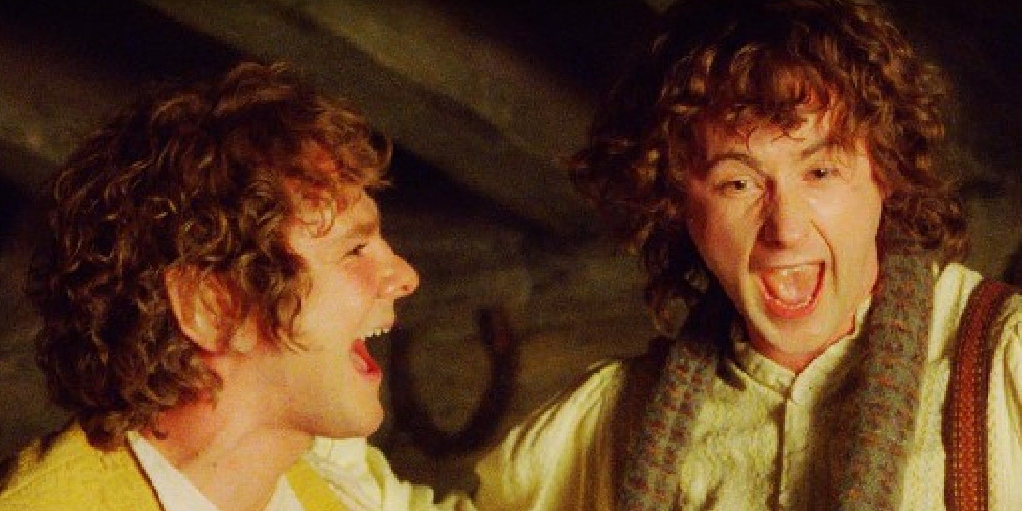 Merry and Pippin laughing together in Lord of the Rings