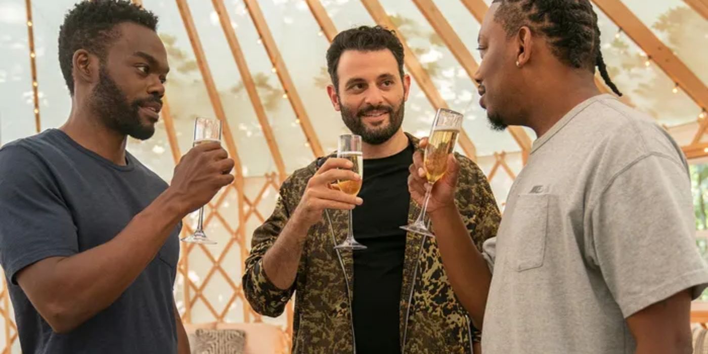 Marcus, Kian, and Yogi holding up drinks on Love Life