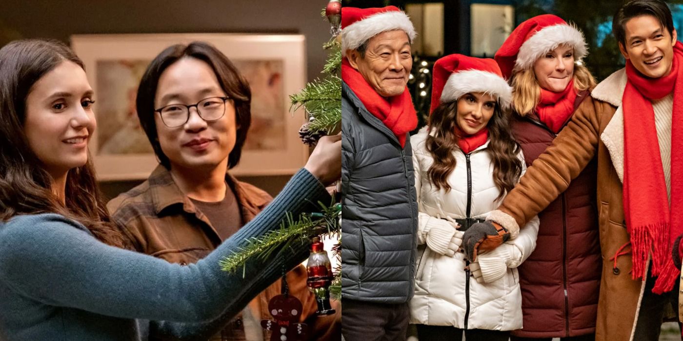 A split image depicts Natalie and Josh putting ornaments on the tree and the Lin family out caroling in Love Hard