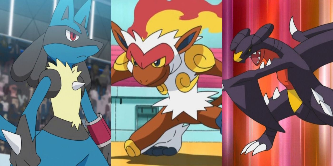 Split image of Lucario, Infernape, and Garchomp in the Pokemon anime