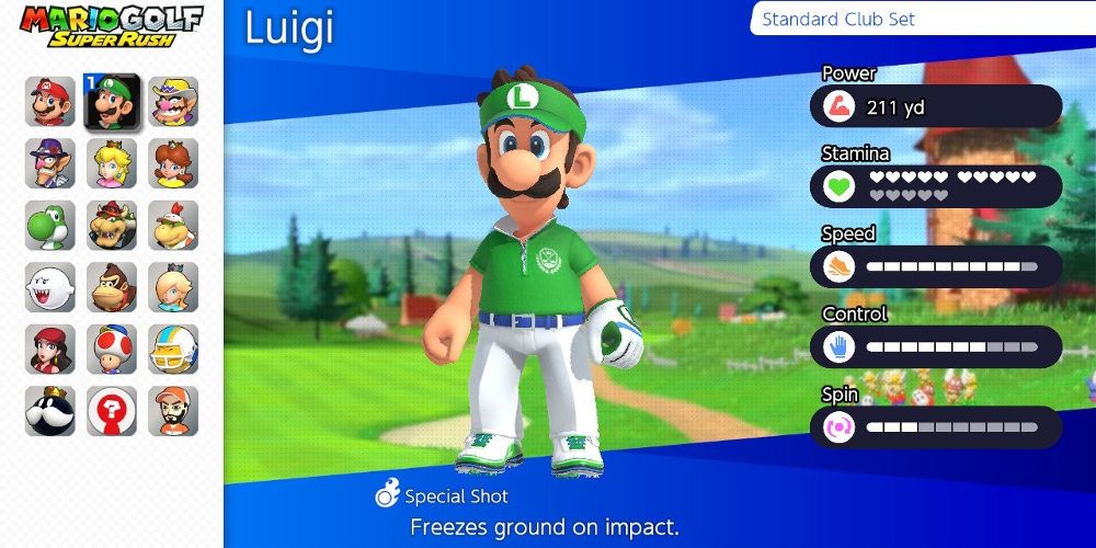 Luigi's outfit displayed on Mario Golf: Super Rush