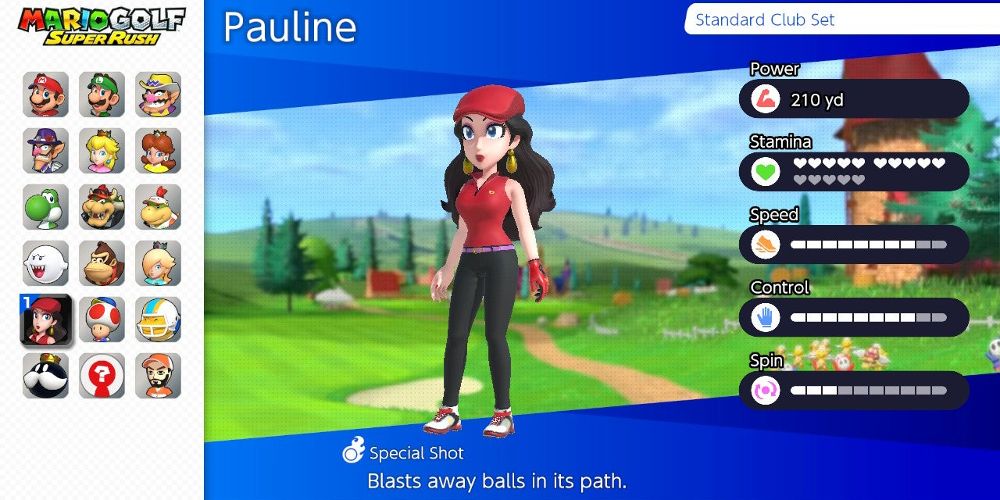 Pauline's outfit displayed on Mario Golf: Super Rush