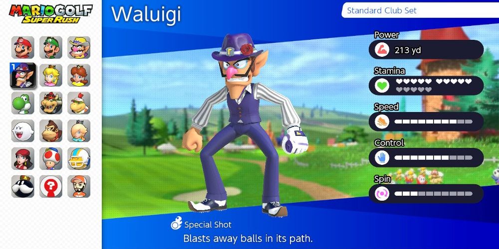 Waluigi's outfit displayed in Mario Golf: Super Rush