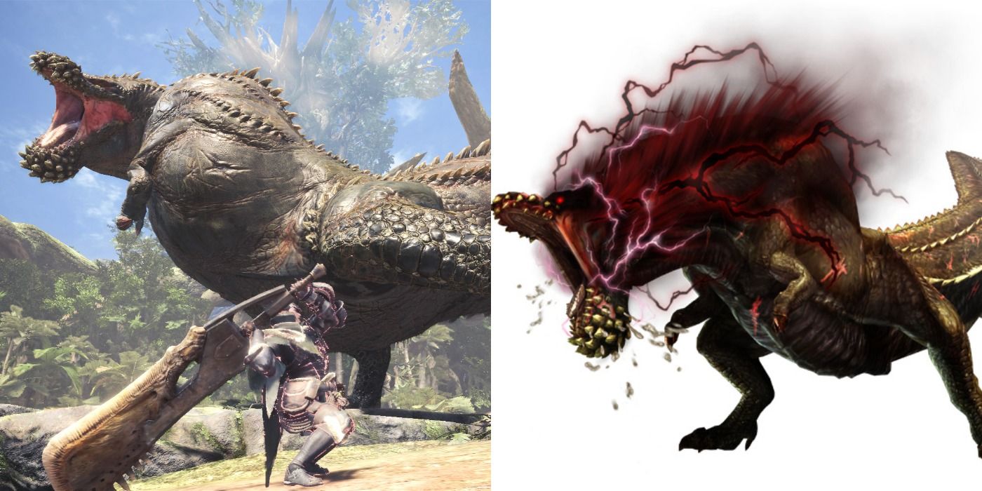Split image of Deviljho and its Savage form in Monster Hunter World