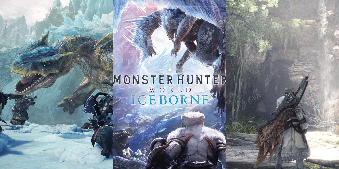 Split image of a Tigrex, Iceborne cover art, and the Guiding Lands in Monster Hunter World: Iceborne.