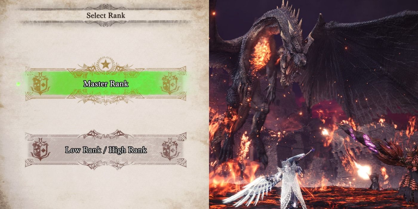 Split image of the Master Rank select screen and Fatalis quest