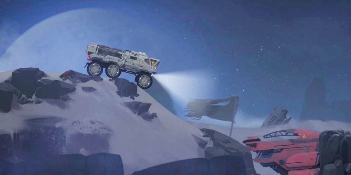 A tank drives along a bleak moonscape in MONOBOT