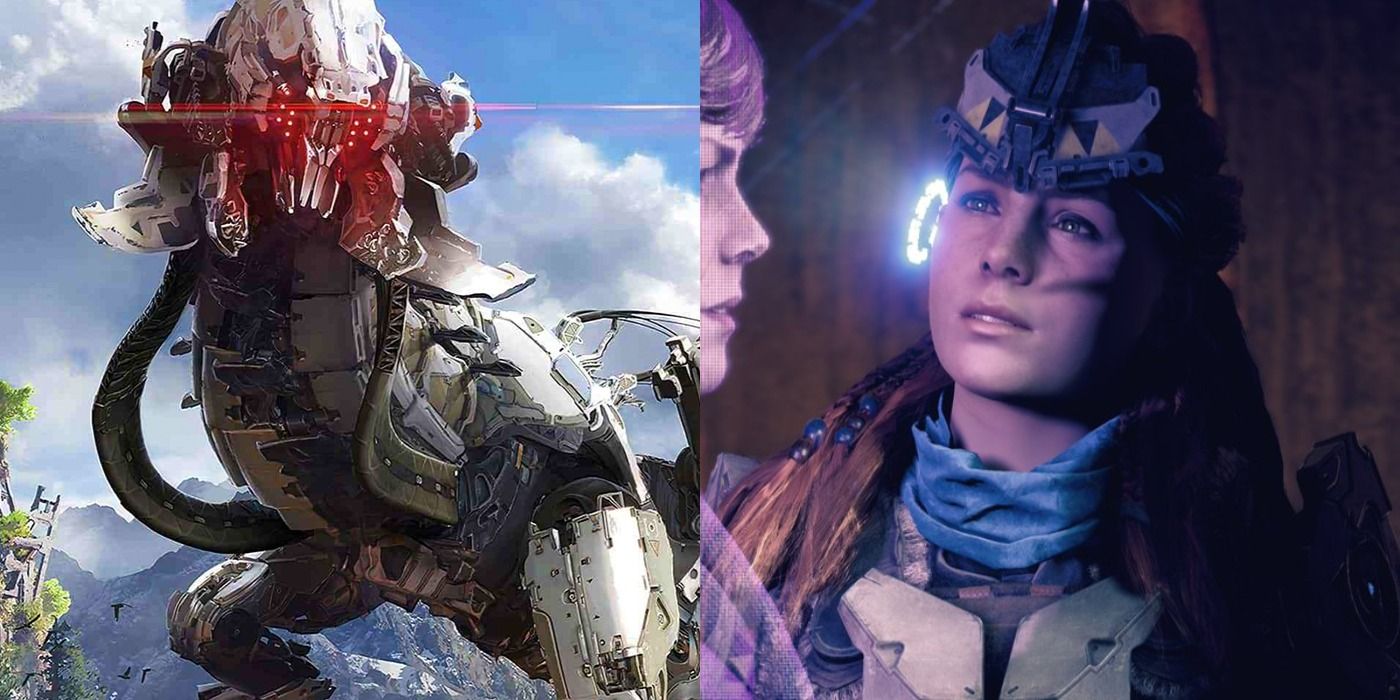 A split image showing a machine and Aloy in Horizon Zero Dawn.