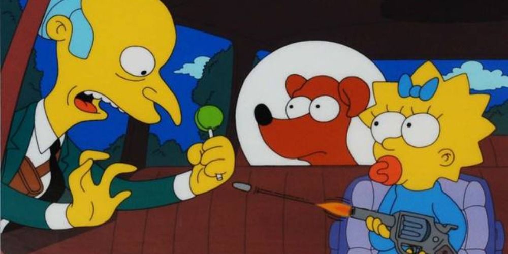 Maggie shoots Mr. Burns after he takes her lollypop in The Simpsons