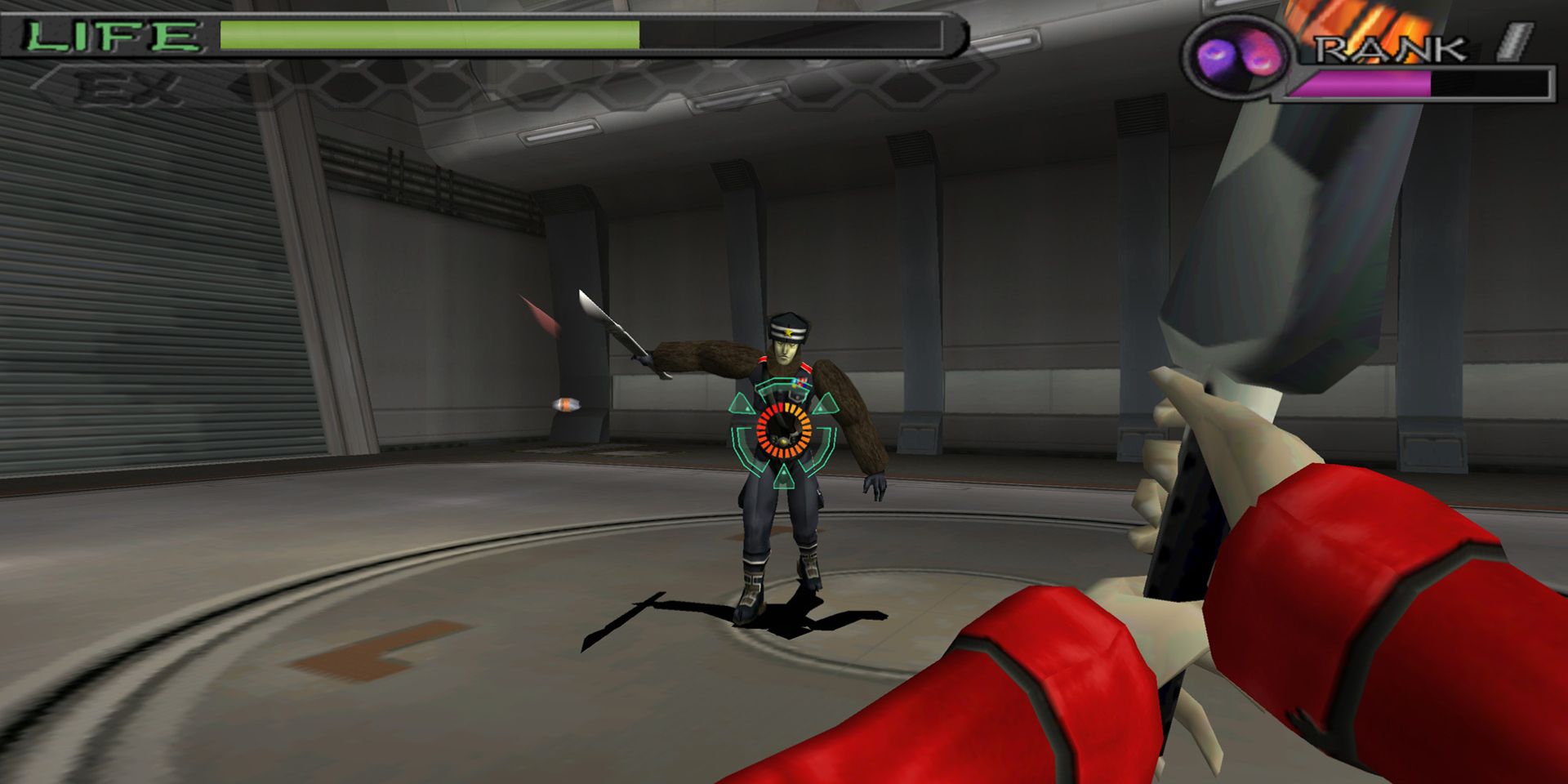 A player wields a weapon against an opponent in Maken X.