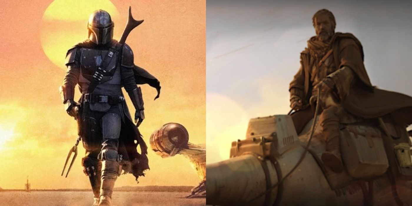 Split image of The Mandalorian promo walking through the desert and Obi-Wan concept art riding a creature on Tatooine