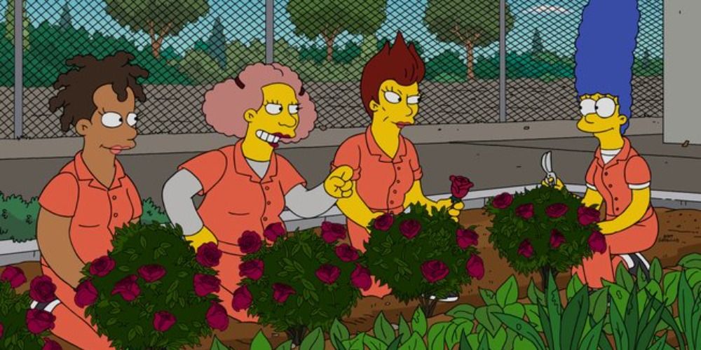 Marge Simpson working in a prison garden in Orange is the New Yellow episode