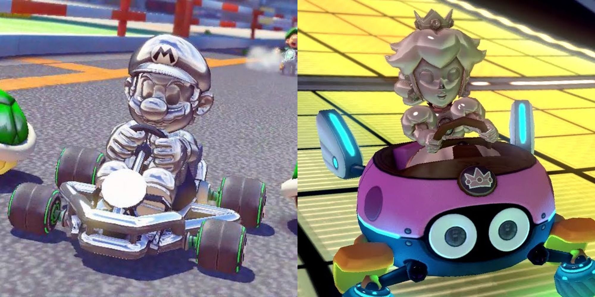 Split image showing Metal Mario and Pink Gold Peach in Mario Kart 8