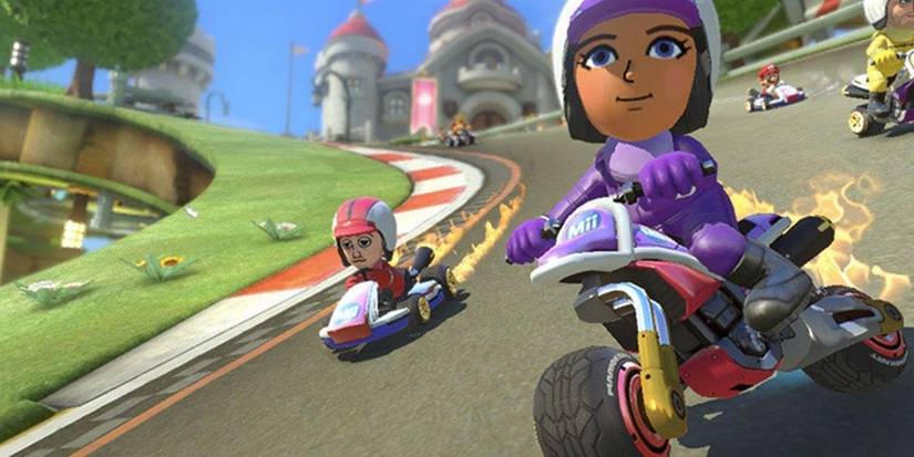 Several Miis during a race in Mario Kart 8.
