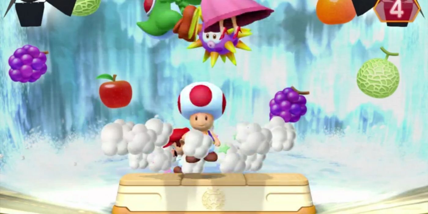 Mario stands with Toad at the center of a room in the mini game Flash Forward