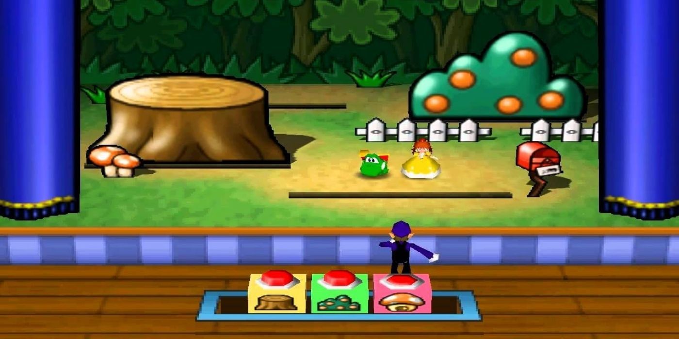 Waluigi running in the Hide And Sneak minigame in Mario Party 3