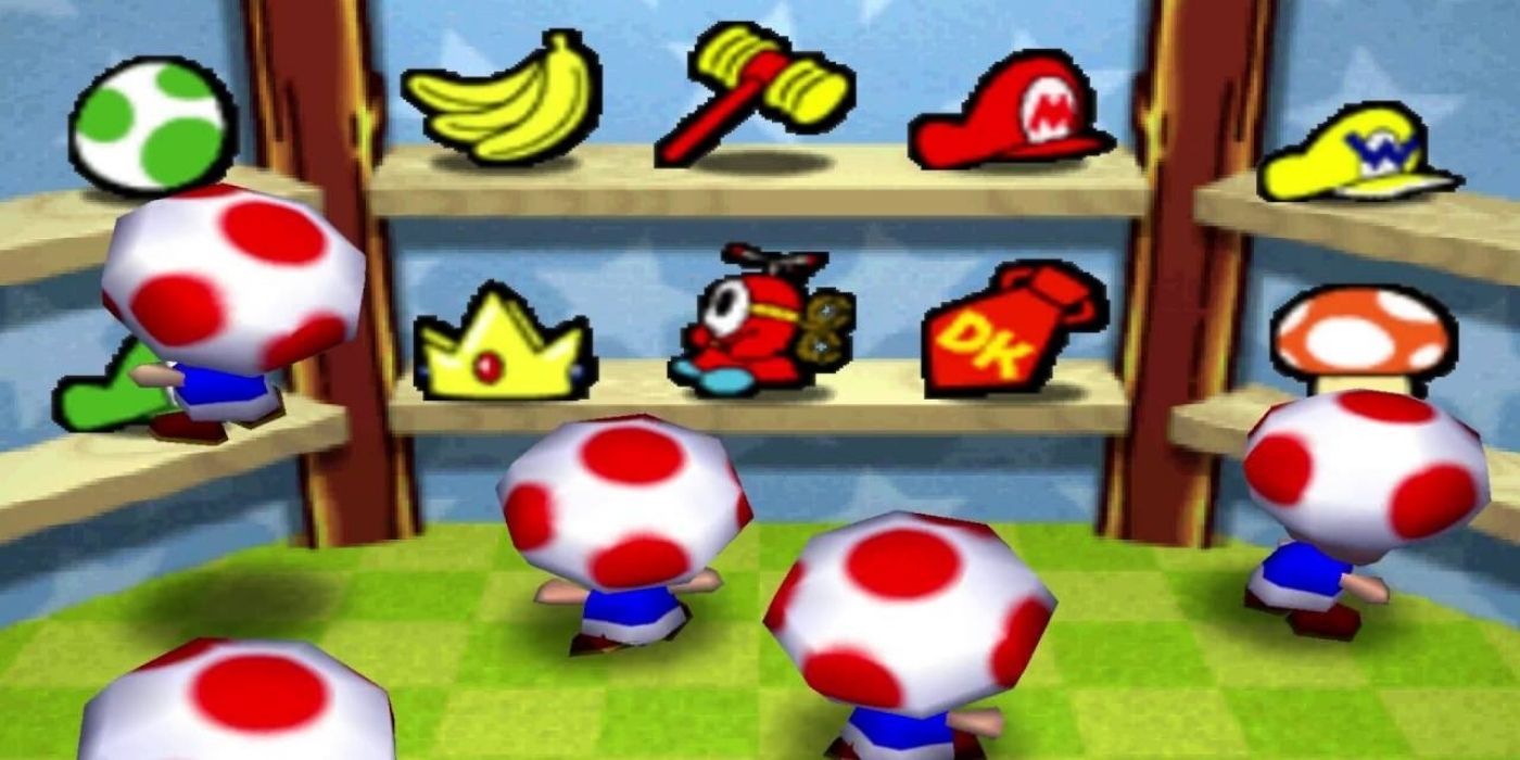 A group of Toads and other figures in the minigame Messy Memory in Mario Party 3