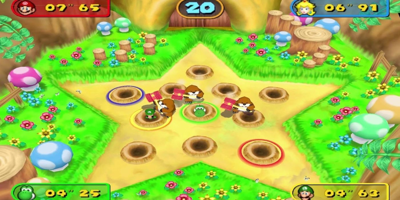 Monty Mole punches Mario and friends with hammers in Mario Party 7