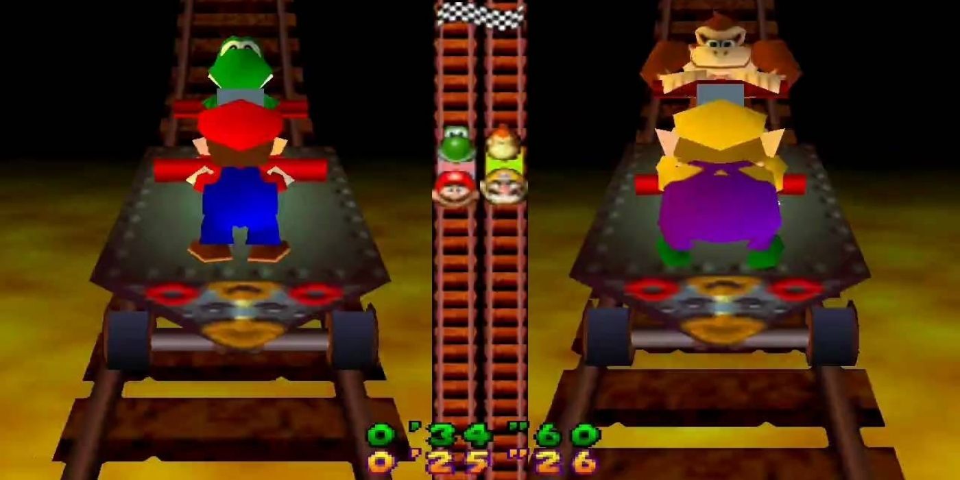 Mario, Yoshi, Wario, and DK in handcars in the minigame Handcar havoc