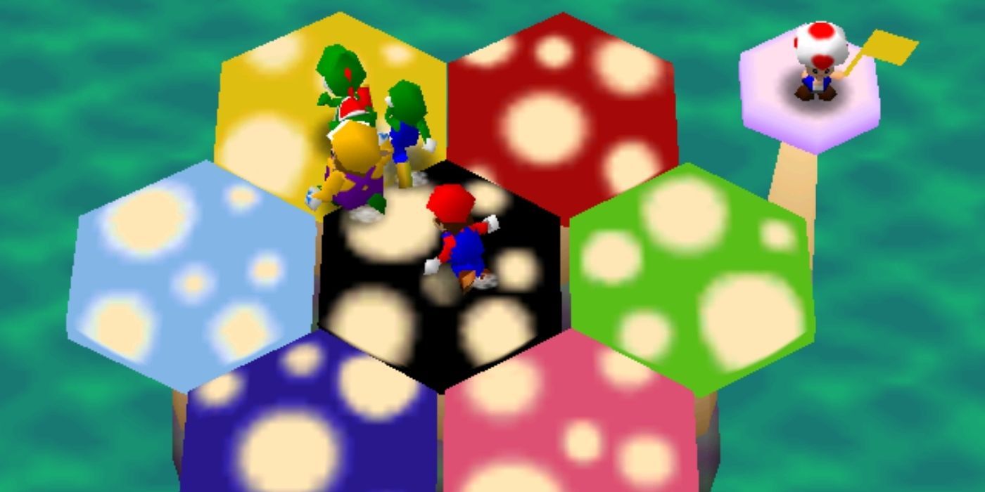 Mario, Wario, Luigi, and Yoshi atop giant mushrooms in Mario Party