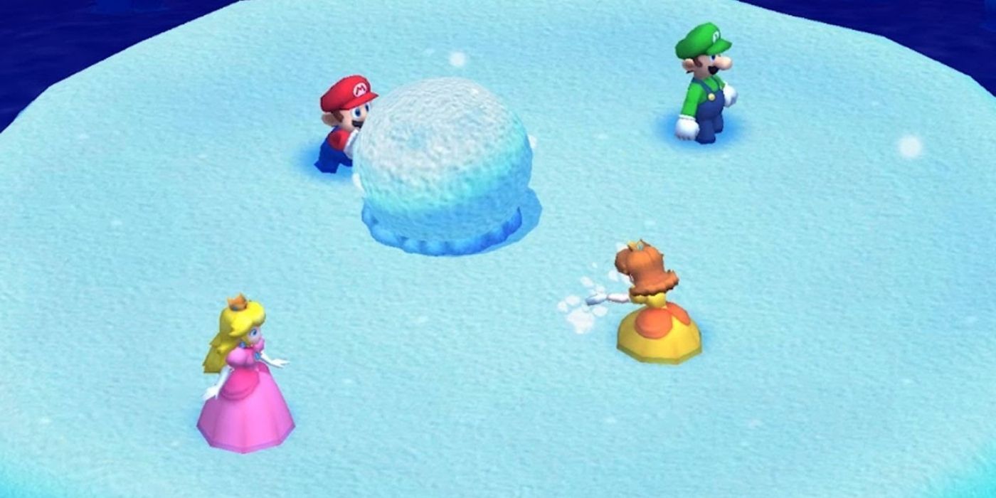 Mario, Luigi, Peach, and Daisy pushing a giant snowball in the minigame Snowball Summit