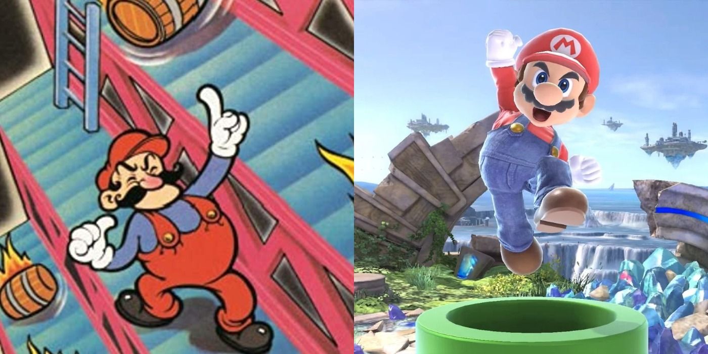 Mario in his first appearance next to the way he appeared in Smash