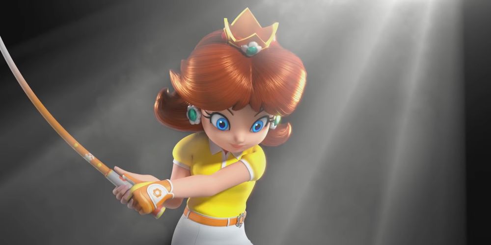 Daisy swings a club in Mario Golf: Super Rush
