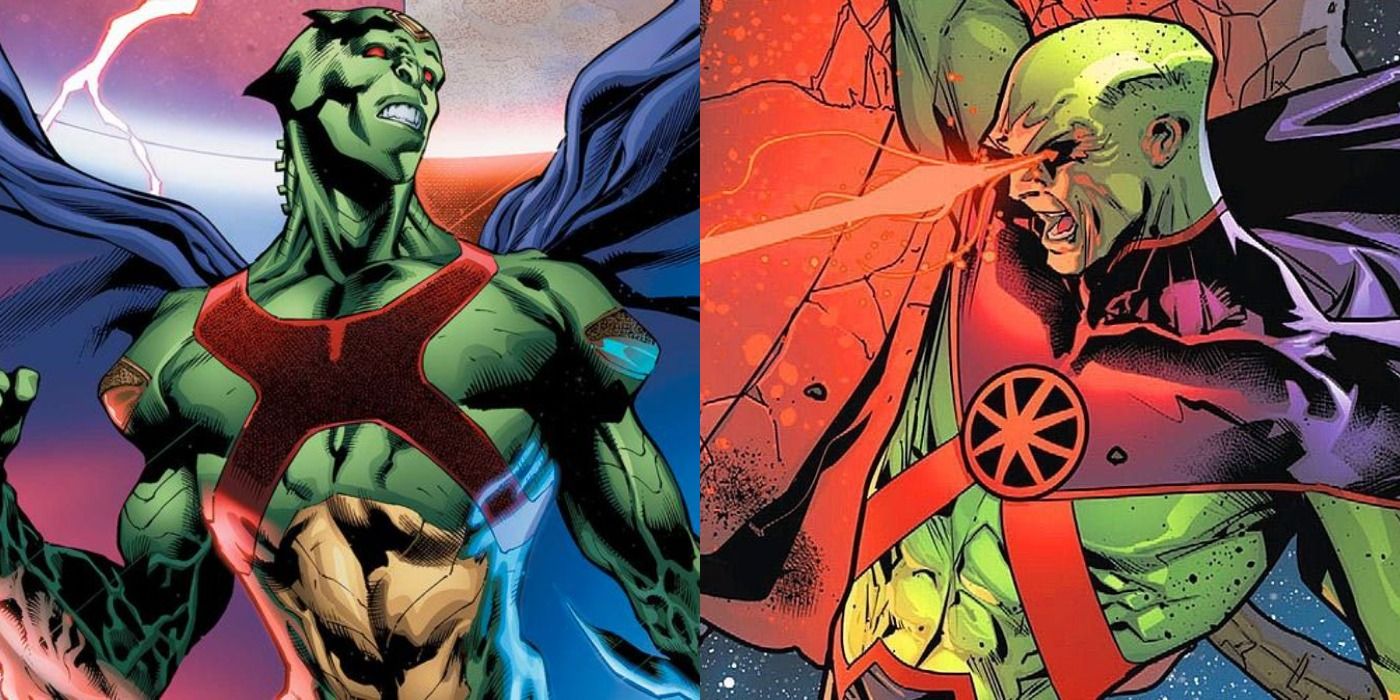 Split image of John Jones in his Martian Manhunter form, flowing cape, and firing eye beams