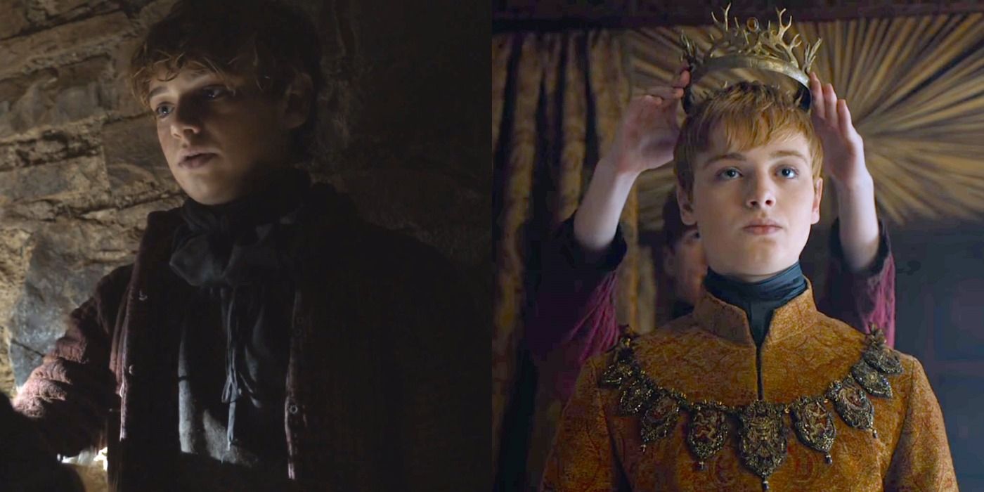 Split image of Martyn being tended by Talisa and Tommen Lannister being crowned King in Game of Thrones