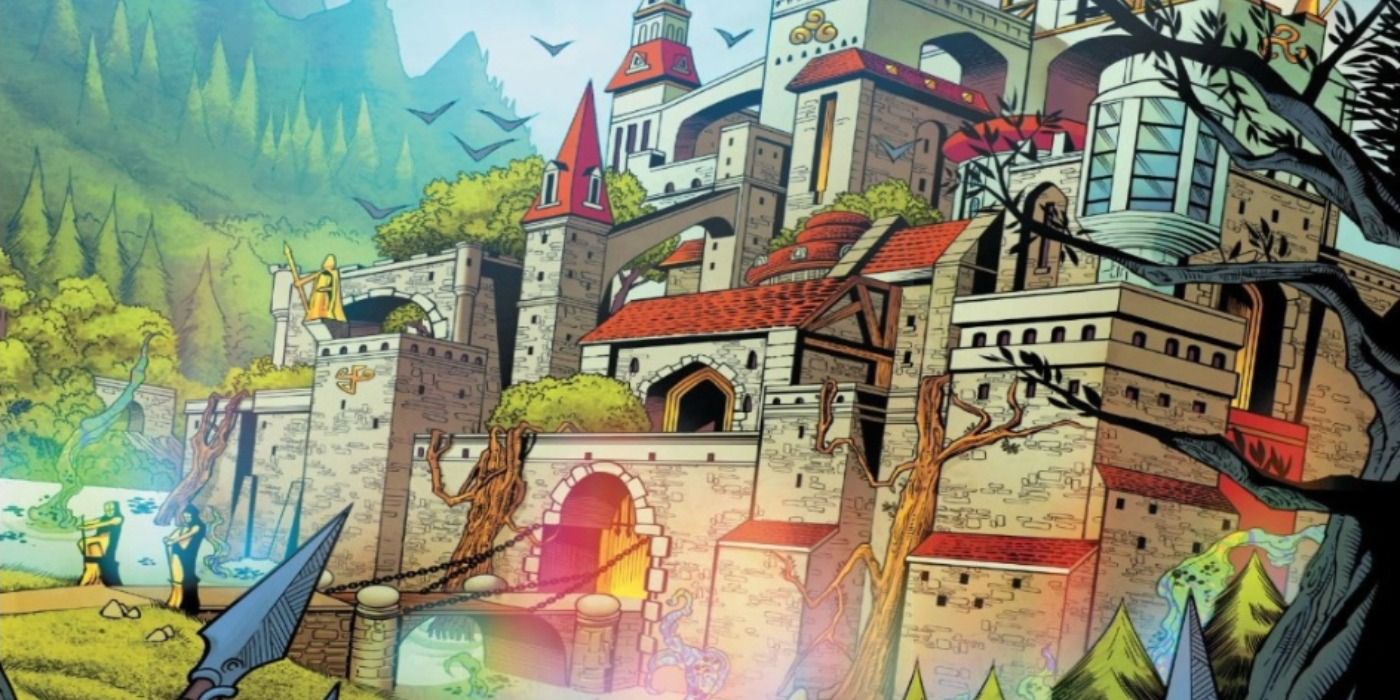 An illustration of Camelot with castles and green forests in Marvel Comics.