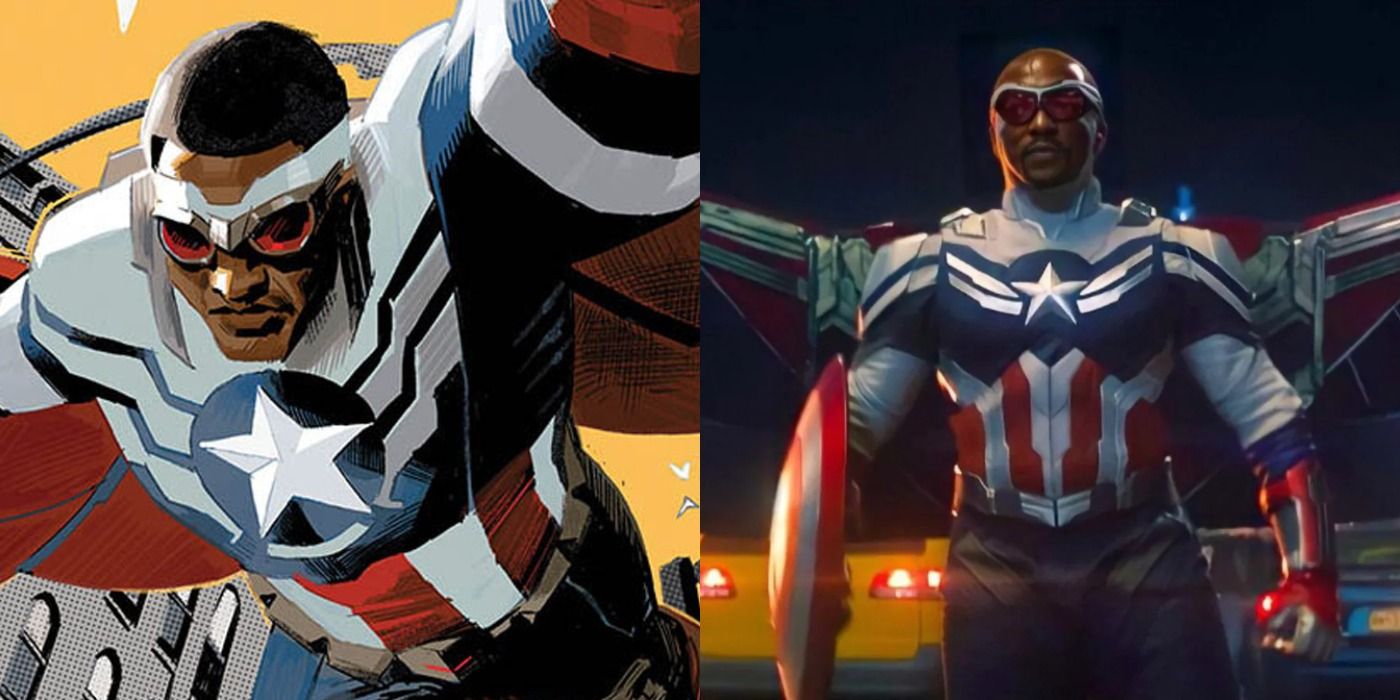 Split image showing Captain America in the comics and in TFATWS