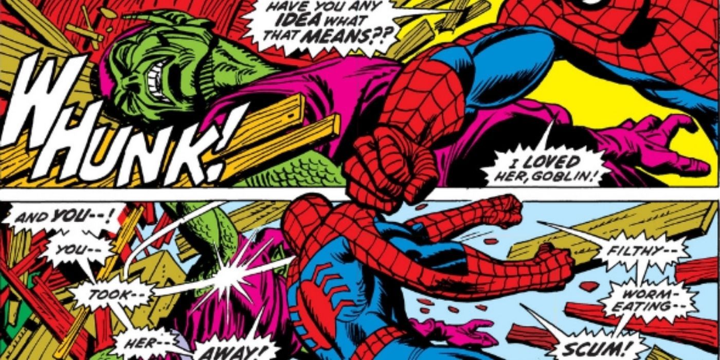 Spider-Man beats up Green Goblin after Gwen's death in Marvel Comics.