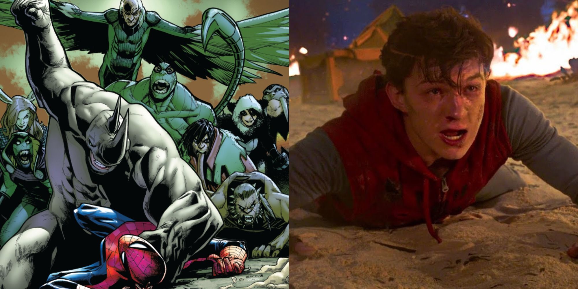 Split image showing the villains subduing Spider-Man in the comics, and Spider-Man on the ground in Homecoming