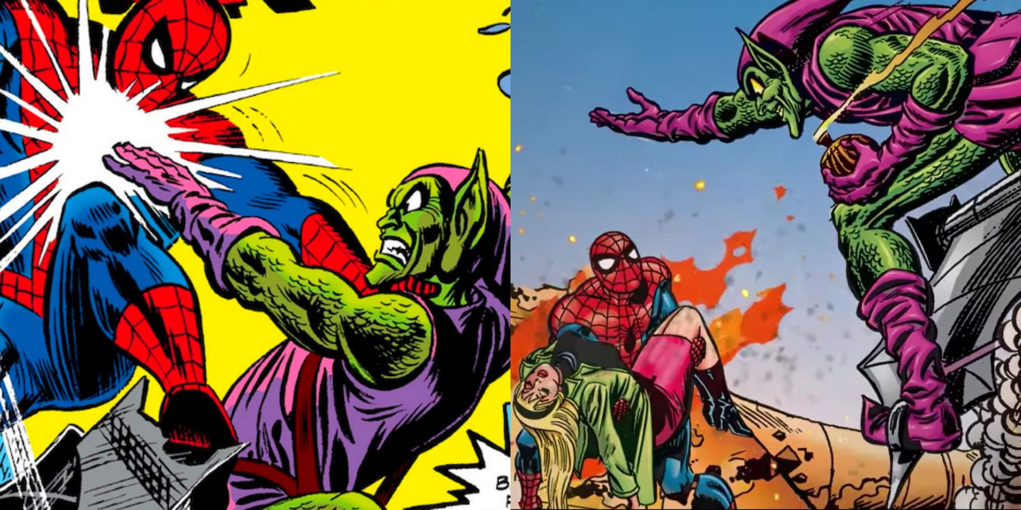 Split image showing Spider-Man fighting the Green Goblin two times