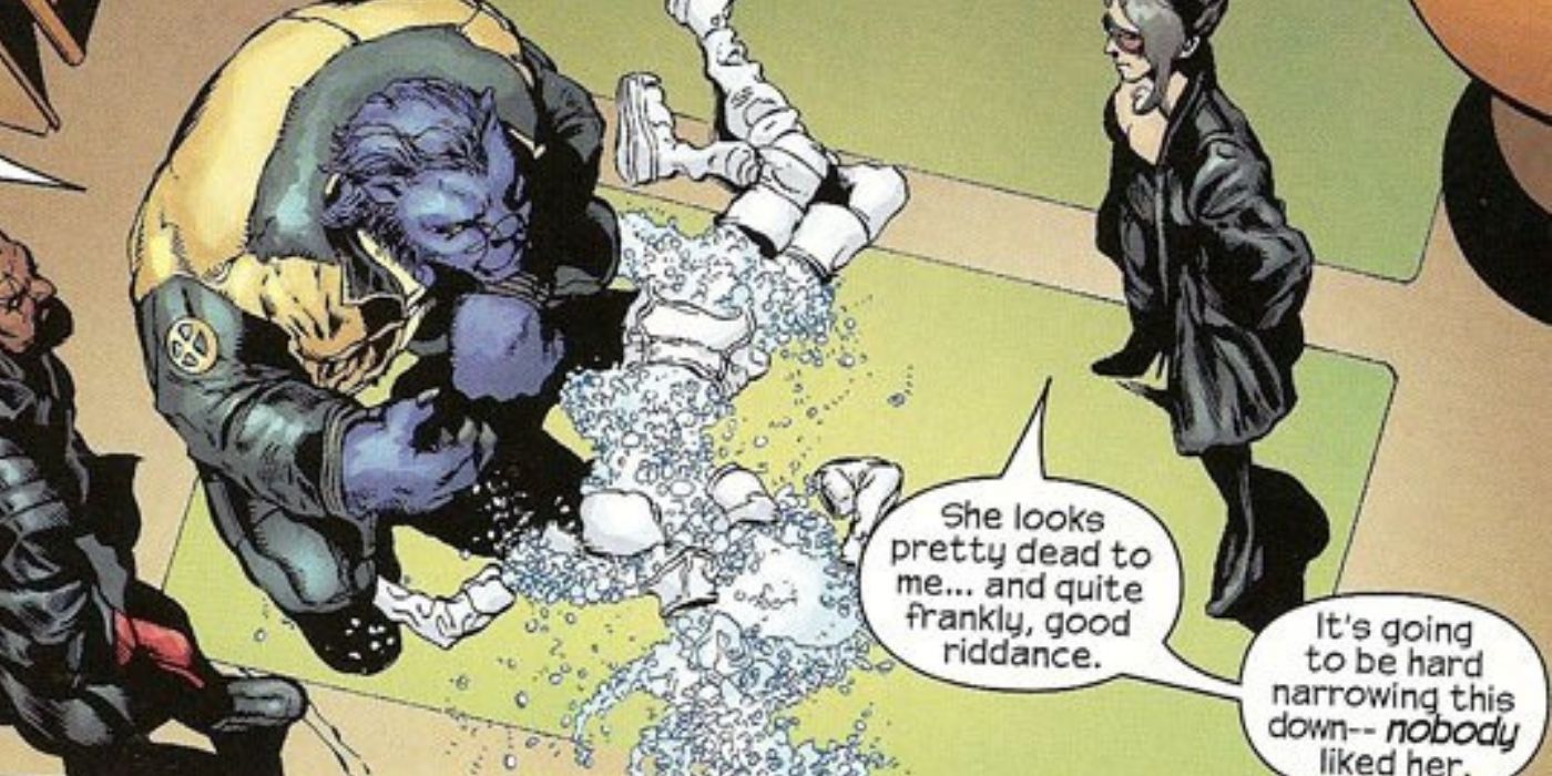 Beast discovers Emma Frost's shattered body