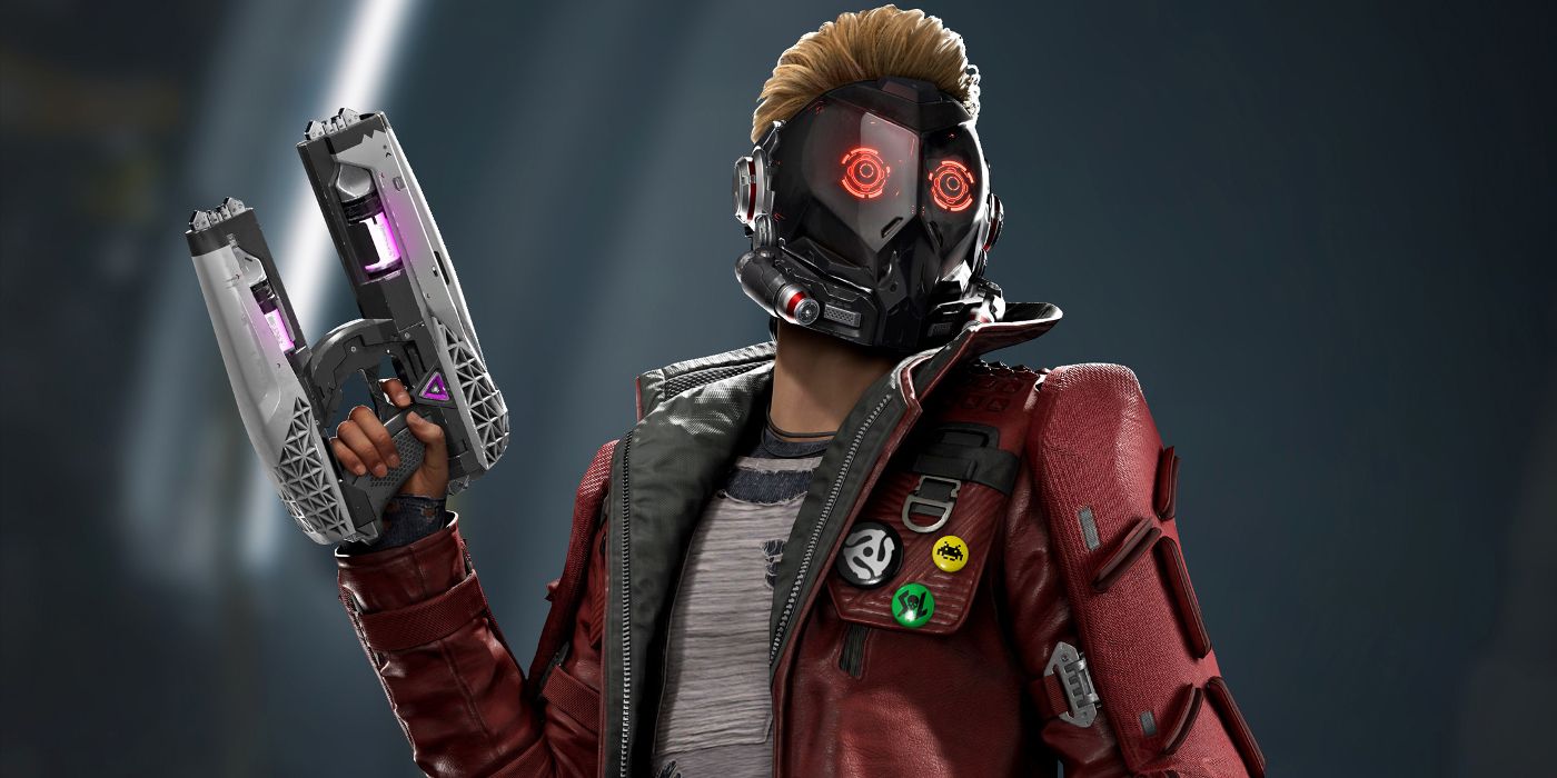 Star-Lord from Marvel's Guardians of the Galaxy game holding one of his Element Guns.