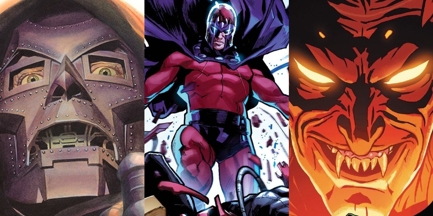 Split image of Doctor Doom, Magneto, and Mephisto from Marvel Comics.