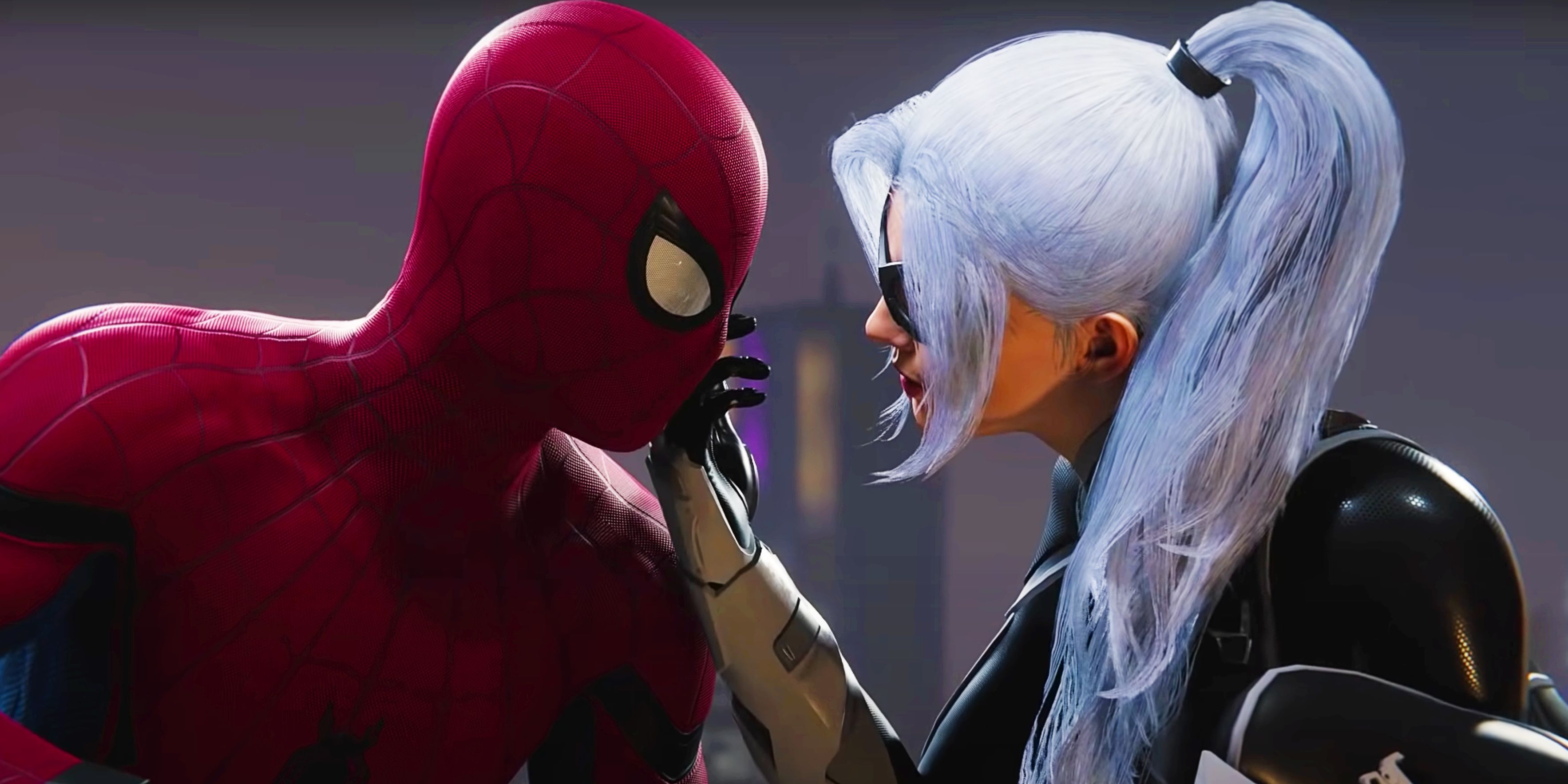 An image of Black Cat touching Spider-Man's face in the PS4 game 