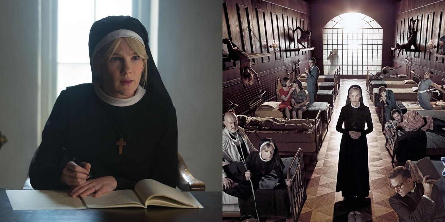 Split image of Mary Eunice and a promo image for American Horror Story: Asylum