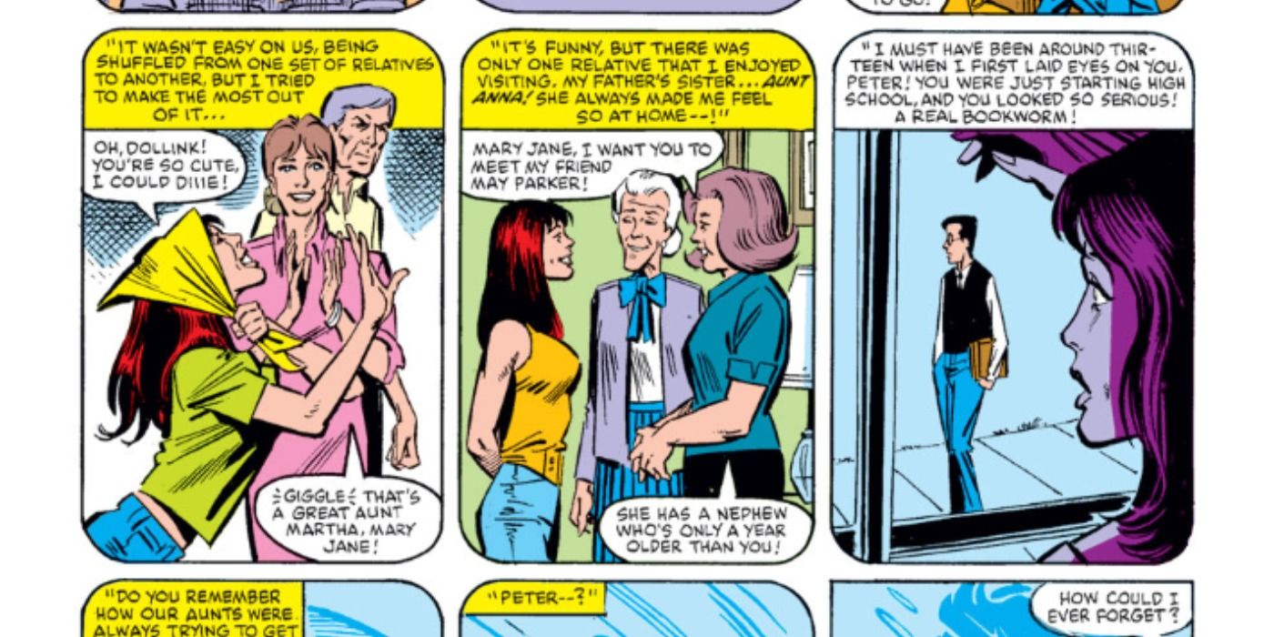 Mary Jane sees Peter Parker for the first time in Marvel Comics.