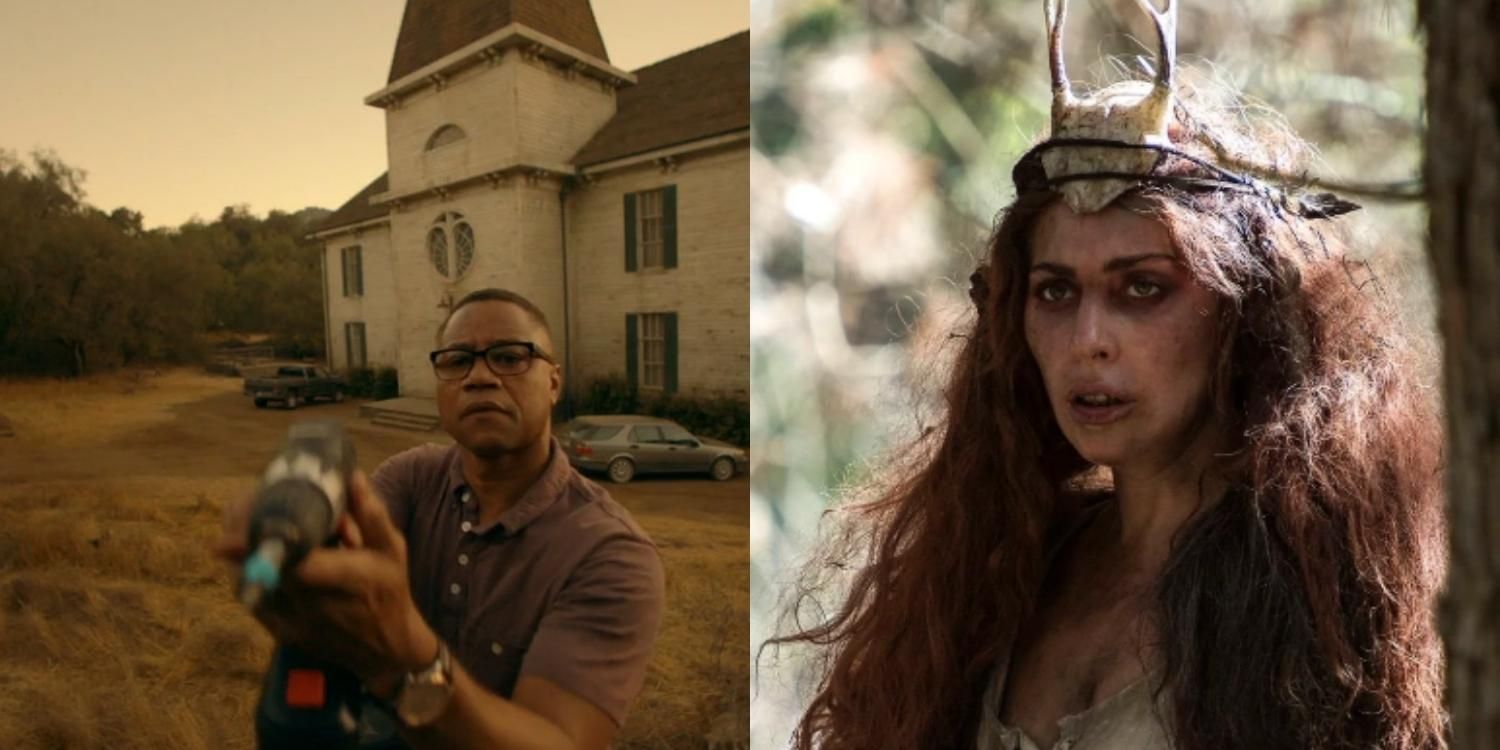 Split image of Matt Miller with a drill in front of the house and Scathach wearing her crown in American Horror Story Roanoke