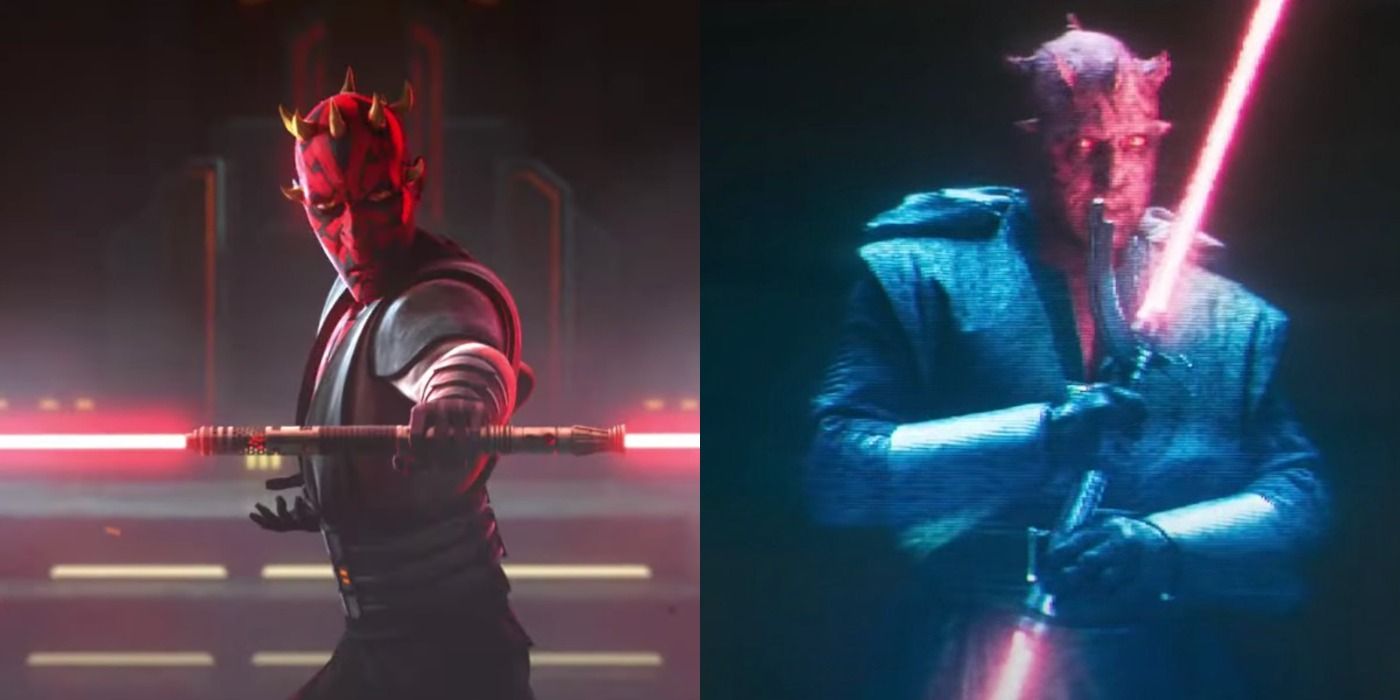 Split image of Maul igniting his lightsaber in Clone Wars and Solo