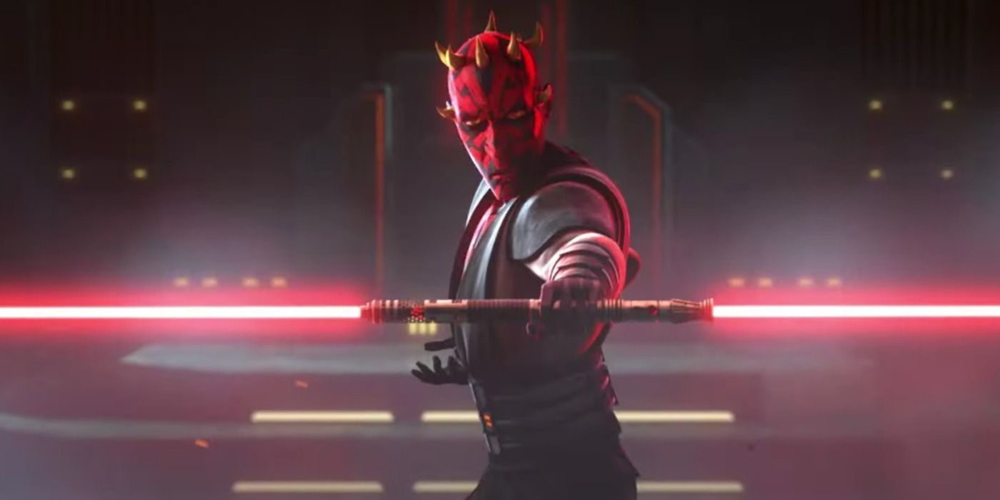 Maul with his double-bladed lightsaber faces off with Ahsoka in Clone Wars