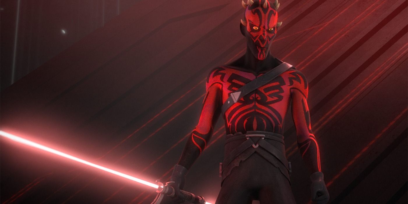 Maul with lightsaber drawn in the Sith temples during Rebels