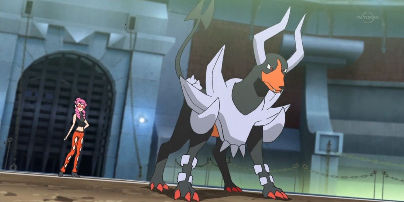 Mega Houndoom in  battle in the in the Pokémon anime.