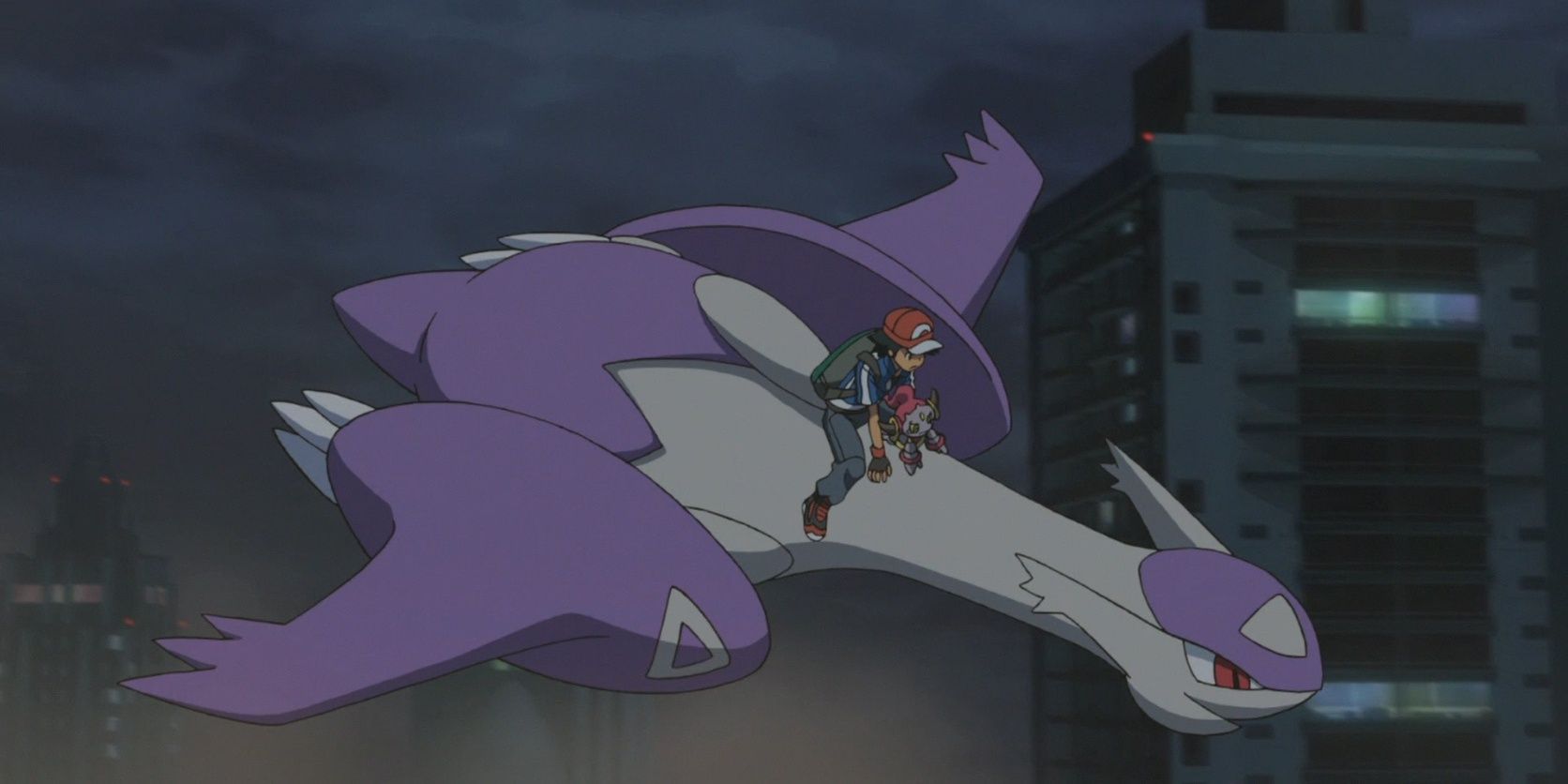 Ash and Hoopa ride on Mega Latios in the Pokemon anime