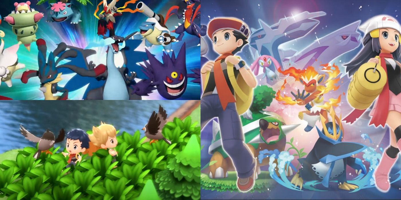 Split image of Megas from GO, the player and rival characters from BDSP attacked by Starly, and promo of the protagonists with Pokémon in the background