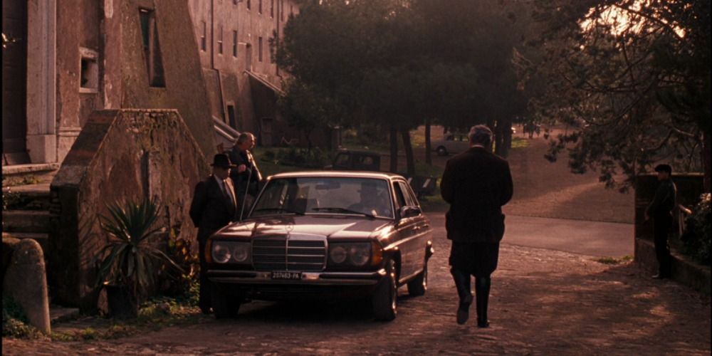Michael Corleone arrives for a meeting with catholic priests in The Godfather
