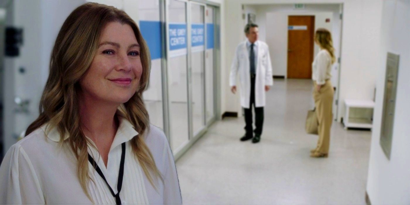 Meredith smiling in a hospital corridor in Grey's Anatomy
