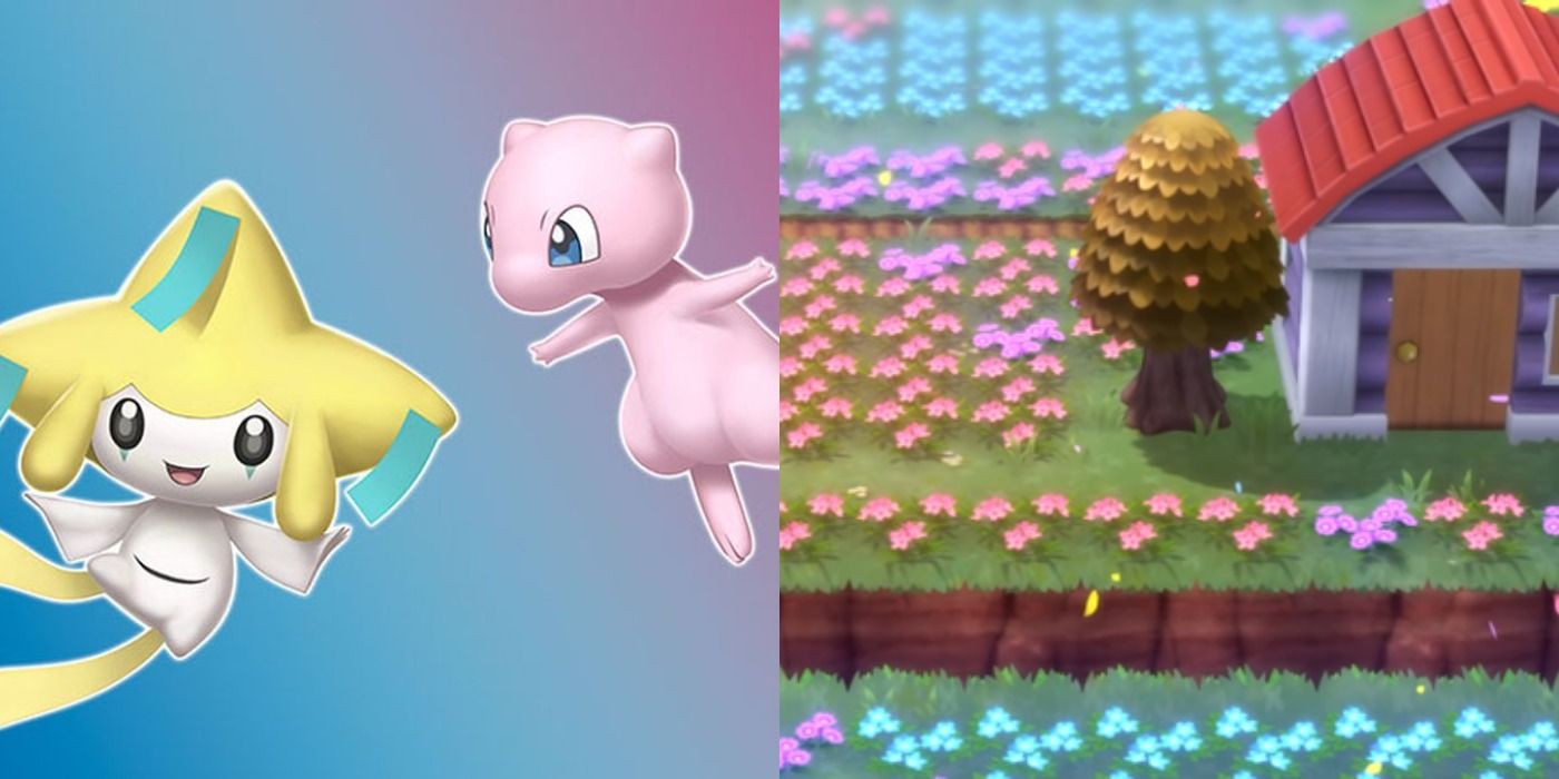 Split image of Jirachi and Mew promo art and the flower meadows of Floaroma Town